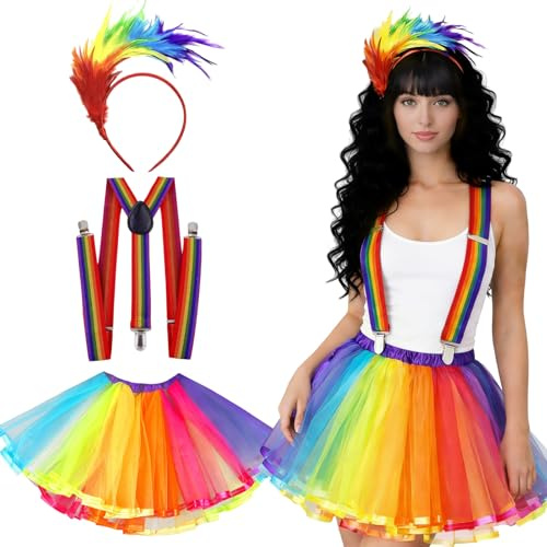 MUNSKT Rainbow Tulle Skirt with Feather Headdress Colorful Belt Straps, Colorful Carnival Costume Ladies Unicorn Skirt, 50s 80s Outfit, Halloween Festival Party Accessories