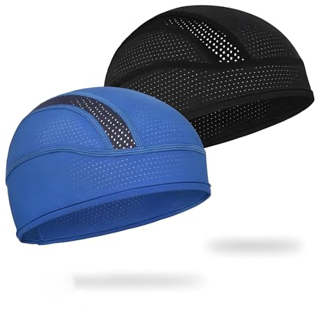 2 Pcs Gorra Running Hombre y Mujer, Sotocasco Moto Verano de Seda de Hielo Transpirable, Gorra Ciclismo Bajo Casco para Bicicleta, Running y Deporte al Aire Libre, Negro y Azul