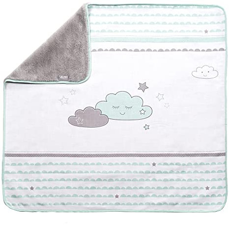 roba Babydecke Happy Cloud - Kuscheldecke 80 x 80 cm zum Schlafen, Krabbeln & Spielen - Baby Decke 2 seitig aus Baumwolle / Plüsch mit Wolken Motiv - Mint / Weiß