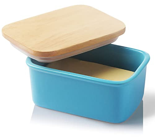 SWEEJAR Porcelain Butter Dish with Wooden Lid, Airtight Large Butter Keeper, Perfect for 2 Sticks of Butter (Steel Blue)