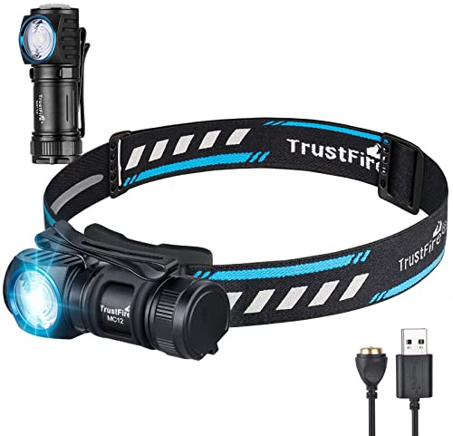 TrustFire MC12 Linterna frontal LED linterna recargable de 1000 lúmenes ajustable de 180 °, Cable de carga USB magnético para acampar al aire libre Senderismo Correr