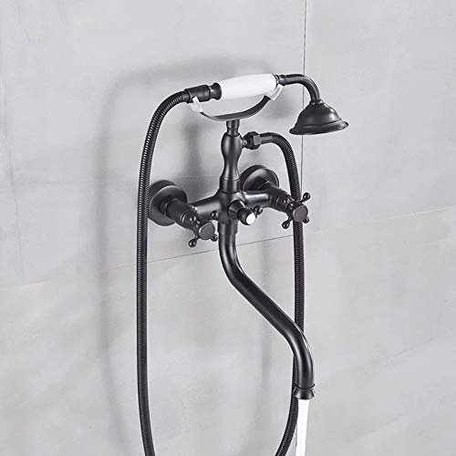 Badewannenarmatur Mit Handbrause - Wannenarmatur, Inkl Brausehalter Und 1,5M Duschschlauch, Stilvolle Schwarz Badewanne Wasserhahn - Dusche Set, Zweigriff -Wannenbatterie, Messing, Retro-Stil