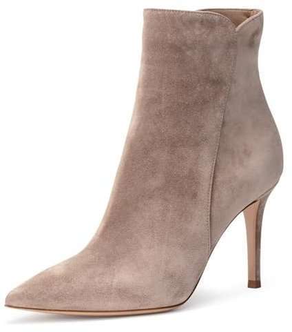 JANSEVEN Women's Heeled Ankle Boots Suede Stiletto High Heel Booties Pointed Toe Comfortable Sexy Classic Nude Short Boots Size 7.5