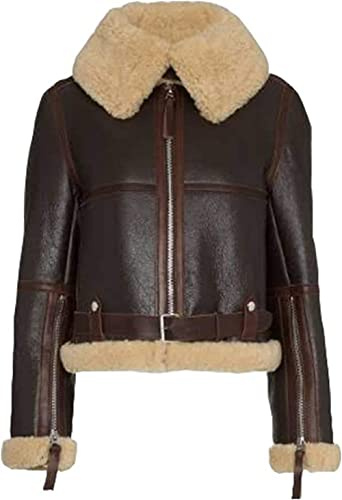 ZA Fashion Cloud Women B3 Sheepskin Aviator Flight Fur Shearling Short Bomber Jacket (L)