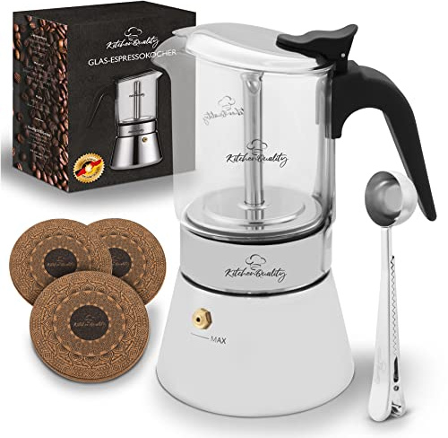 KitchenQuality Caffettiera,Vetro + Acciaio Inossidabile,240 ml,per 4 tazze,18.5x14 cm, elettrico + induzione,con cucchiaio da porzionamento + 3 sottobicchieri in sughero