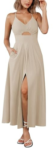 BTFBM Women 2026 Spaghetti Strap Midi Summer Dresses Sleeveless V Neck Cutout Slit Casual Beach Party Maxi Dress Pockets(Apricot, Large)