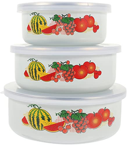 Happyyami Rührschüssel-Sets 3-Teilige Emaille-Schüsseln Mit Deckel Weiße Schüsseln Im Vintage-Stil Salatservierschüssel Emaille-Becken Emailgeschirr-Schüsseln Zum Kochen Im Freien Camping