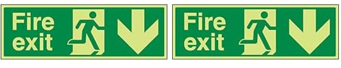 VSafety Glow In The Dark Fire Exit Arrow Down Sign - 450mm x 150mm - Rigid Plastic (Pack of 2)