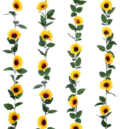 UEPOA 2 Stück Künstliche Sonnenblumen, 2.4M Sonnenblumengirlande Blumengirlande Kunstblumen Fake Girlande Seidenblumen Reben Hängende