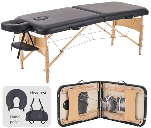YOUNIKE Camilla Masaje Negro Plegable 2 Zonas Profesional Portátil Carga 250kg 186×70cm Altura Ajustable de Madera Haya para Belleza Tatuaje SPA con Bolsa de Transporte