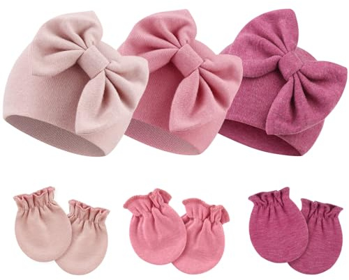 AQOKKA Ensemble de bonnets et moufles pour nouveau-né avec nœud et gants pour bébé de 0 à 6 mois, 3 nœuds : Taro clair, rose pâle et violet rougeâtre, 0-6 mois