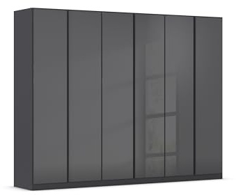 Rauch Möbel Monostar, Drehtürenschrank, Kleiderschrank, Garderobe, 6-türig, 6 Glastüren, inkl. Schubkasteneinsatz und Wäscheeinteilung, Farbe Glas Basalt/Grau metallic, Schwarz, 271x210x54cm