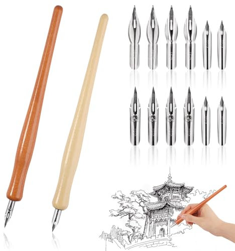 Dip Pen, 14Pcs Comic Comic Dip Pen with 2 Pen Hold and 12 Nibs, Calligraphy Pen Set for Drawing, Writing,Lettering and Sketch Cartoon, 4 Szies Nibs