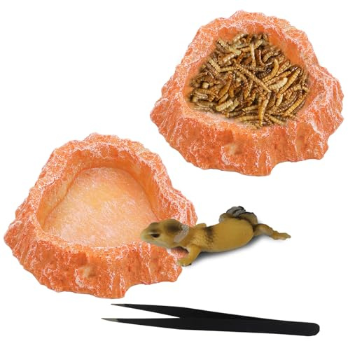 IBWell 2pcs Reptile Water Bowl with Feeding Tweezers - Food Dish for Lizard, Snake, Tortoise & Small Animals - Loess