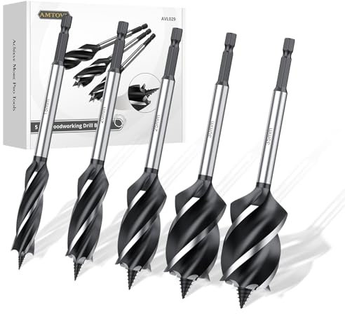 AMTOVL 5PCS Juego de Brocas para Madera, 15mm-35mm, Hexagonal Vástago, Brocas Espirales de Acero de Alto Carbono con Rosca Autorroscante