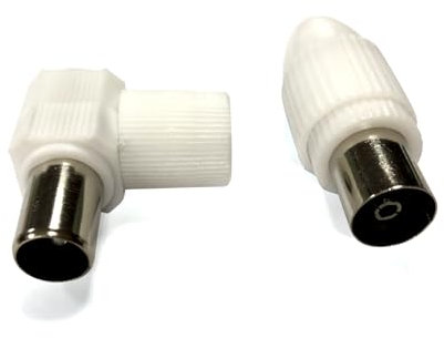 Conector de antena de TV en ángulo recto, blanco, ideal para optimizar espacio y mejorar la conexión a dispositivos de televisión.