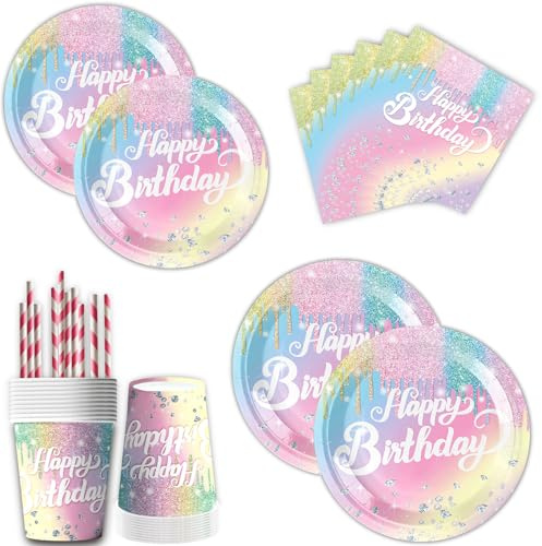 Regenbogen deko partygeschirr set,50pcs geburtstagsdeko mädchen einweggeschirr set,Inklusive pappteller bunt, servietten geburtstag,Becher und strohhalme papier,für geburtstag party