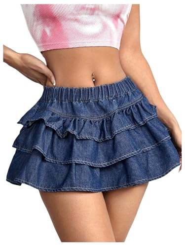 GORGLITTER Women's Tiered Ruffle Mini Denim Skirt Low Elastic Waist A Line Flared Jean Skirts Blue Large