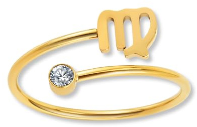 Stjärnteckenring Jungfrun guld med zirkonia för damer - 18K guldpläterad damring i 316L rostfritt stål | Justerbar ring (ringstorlek 52-60) och vattentät - inkl. presentask.