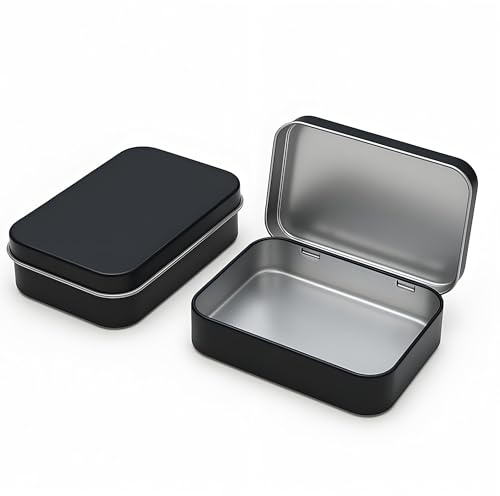 Forever bene 2-Piece Black Hinged Metal Tins, 11.5 cm x 8.5 cm x 2.2 cm | Attached lids keep each tin together while sorting craft findings, sewing notions, office pieces and small hardware