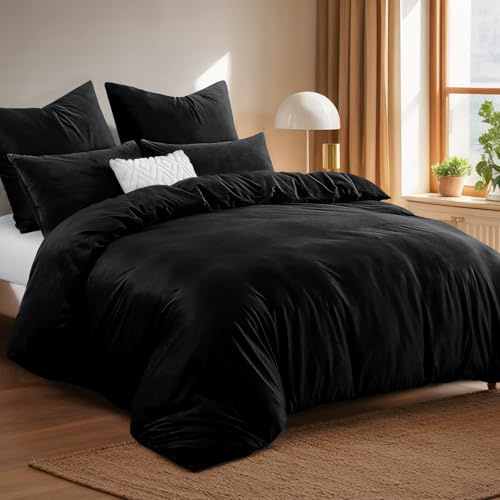 Tifschlaf Ropa de cama de felpa de invierno de 155 x 220 cm, cálida funda nórdica de franela + 1 funda de almohada de 80 x 80 cm, forro polar con tacto de cachemira, con cremallera, color negro