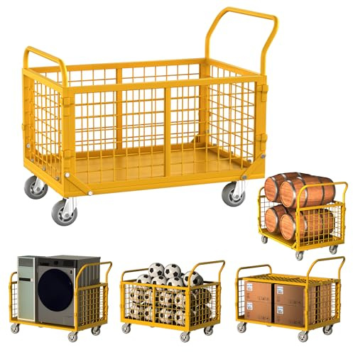 Platform Truck with Cage,5-in-1 Collapsible Heavy-Duty Push Cart Dolly Load 1800 LB,Large Flatbed Hand Truck for Grocery/Laundry/Stall/Storage