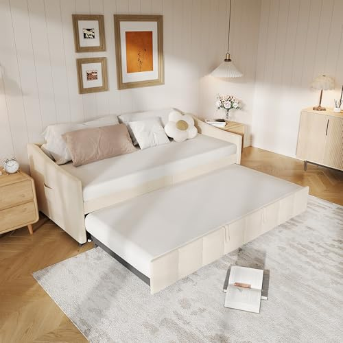 Sofá cama Convertible de 2 plazas 90/180 x 200 cm, sofá cama acolchado con somier de láminas, sofá cama nido extensible, tejido aterciopelado (sin colchón) (Beige B)