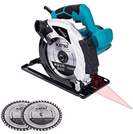 KATSU Tools Sega circolare 185mm 7 pollici 1600W Sega elettrica con guida laser e 2 lame 24T/40T, per la lavorazione del legno Taglio di metallo morbido e plastica 100793, Blu