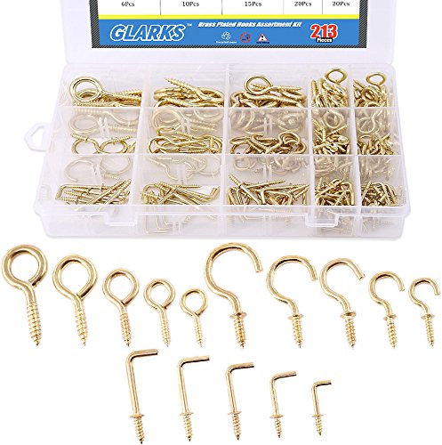 GLARKS Assortiment de 213 crochets à vis plaqués laiton et crochets carrés pour fixation au plafond