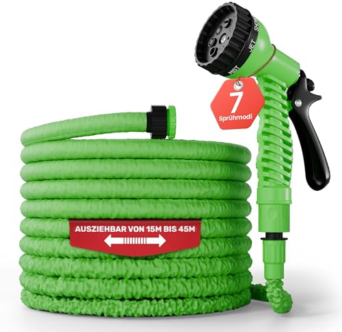 Flexibler Gartenschlauch [45m lang, grün] inkl. Brause und Adapter 1/2 Zoll & 3/4 Zoll“ dehnbarer Wasserschlauch
