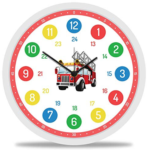 GRAVURZEILE Wanduhr Kinder Feuerwehr Motiv - Lautlose Kinderwanduhr geeignet für Mädchen - Bunte Lernuhr für Kinder 30 cm - Einfaches Ablesen der Uhrzeit Lernen - Farbenfrohes Design