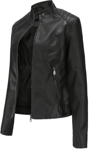 Hiseng Chaqueta de Cuero Sintético para Mujer, PU Chaqueta Cuero Mujer, con Bolsillos con Cremallera, Negra Moda Corta Cazadora, Otoño, Primavera