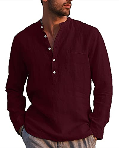 LVCBL Camisa de verano estilo Henley de manga larga para hombre, camisa de lino, corte regular, camisas para hombre, borgoña, XXL