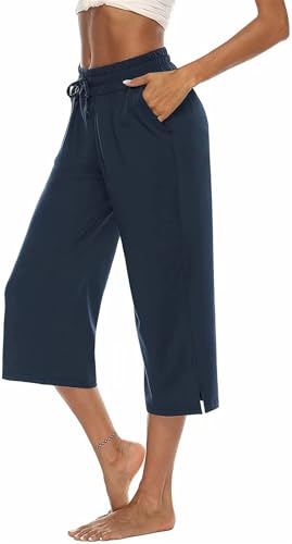 ASKSA Femme 3/4 Pantalon Capri à Jambe Large Pantalons de Pants Jogging de Yoga en Couleur Unie Vrac D'été avec Poches (Bleu Marine,L)