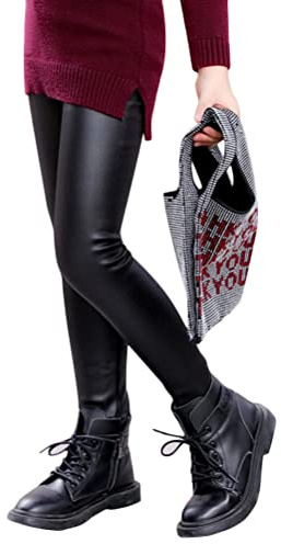ORANDESIGNE Legging Simili Cuir Fille Faux Tregging Pantalon à Doublure Polaire Élastique Tight Extensible Taille Leggins Pantalon Crayon B Noir 160