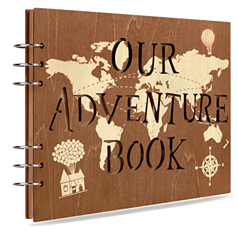 Creawoo Unser Abenteuerbuch aus Holz, Fotoalbum zum Selbermachen, handgefertigt, Movie Up, Reise-Fotoalbum für Paare, Erinnerungsfoto-Sammelalbum für Jubiläum, Hochzeit, Reisen, Babyparty (80 Seiten)