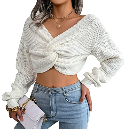 Maglione Cropped Donna Invernale Maglioni Corti Donna Pullover Donna Scollo A V Crop Maglione Trecce Corto Largo Donna Manica Lunga Elegante Particolari Larghi Eleganti Donna Maniche Lunghe Bianco S