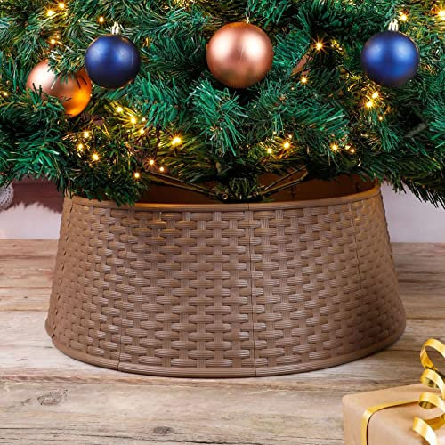 Christmas Tree Skirt Round Brown Plastic Rattan Basket Bottom Cover Festive Xmas Decoration For Indoor and Outdoor Use Storage Tidy to Hide Feet, Base & Wires