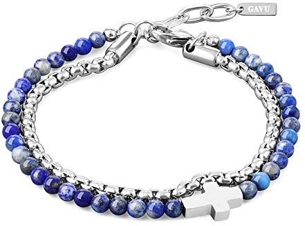 GAVU Bracciale Croce da Uomo con Doppio Filo di Perline di Pietra Semipreziosa Lapislazzuli e Acciaio Inossidabile