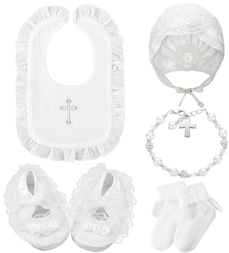 5 Pcs Christening Bib for Baby Girl White Baptism Bib Christening Socks Shoes Baby Bonnet Lace Hat Cross Charm Bracelet Baptism Outfits for Toddler Infant First Communion Gift