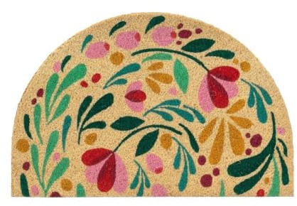 LOLAhome - Felpudo semicircular de Fibra de Coco Natural con Dibujo de Flores de 60x40 cm con Base Antideslizante. Alfombra para Entrada de casa para Decorar y Mantener Limpio el Interior
