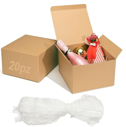 Festa Centro (15x15x10 cm) 20 Pz Scatoline Regalo Kraft Quadrate Marrone + 20 nastro; Scatola Cartone con Coperchio Facile da Assemblare - Scatole Bomboniere per Compleanni e Matrimoni.