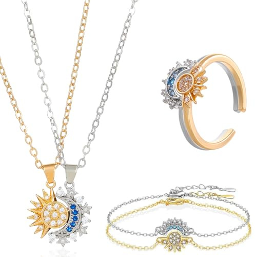 VisageVitalit - Set di anelli per braccialetti con sole e luna, collane per partner, collane dell'amicizia, gioielli per coppie, regalo per donne e amicizia