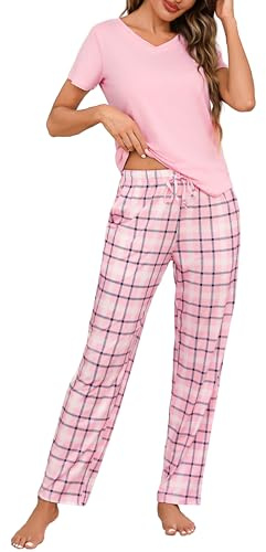 Bresdk Pyjamas for Women Set Cotton Short Sleeve Ladies Pyjamas Soft Lounge Wear V-Neck Top and Checked Bottom Pjs Nightwear Loungewear with Pockets