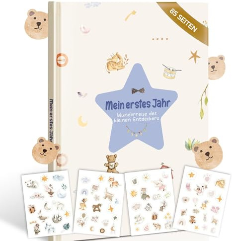Mein erstes Jahr Babytagebuch Babyalbum – Erinnerungsbuch mit süßen Bärenkopf-Motiven | Geschenk zur Geburt, Taufe & Babyparty, 28,5x21cm