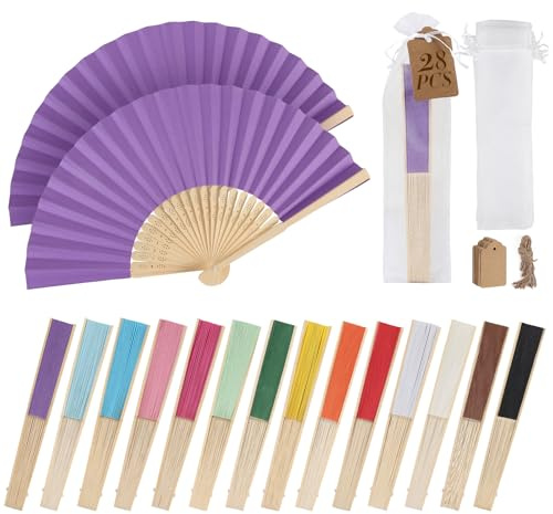 SWAWIS 28 Piezas Colorido Abanicos de Papel, 14 Colores Abanico Plegable con 30 Bolsas de Organza y Tarjetas de Agradecimiento, Abanicos de Bambú para Bodas Bautizos Decoraciones Fiestas DIY