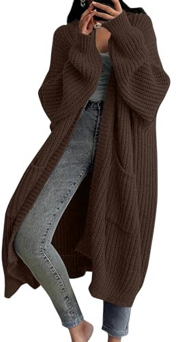Womens Oversized Long Knitted Cardigan, Chunky Longline Cardigan for Women UK, Casual Loose Knit Sweater Coat with Pockets, Soft Cozy Thick Cardigans for Women, Ladies Open Front Chunky Knitwear