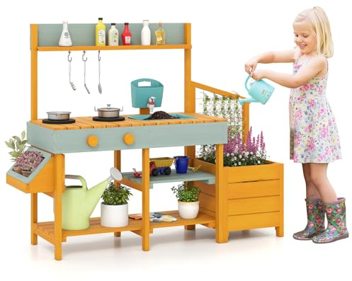 COSTWAY Cocina Juguete Exterior, Cocinita Infantil de Madera con Jardinera y Enrejado, Cocina de Barro con Fregadero Extraíble, Grifo, Fogones, Depósito de Agua para Niños de 3-8 Años (Amarillo)