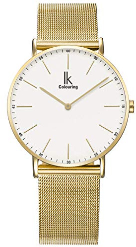 Alienwork Montre Hommes Femmes Or Doree Bracelet Maille Blanc Ultra-Mince