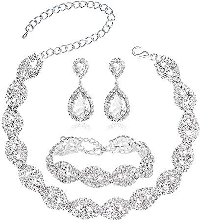 Miraculous Garden 3 Pack Bridal Rhinestone Crystal Statement Choker Necklace Link Bracelet and Teardrop Dangle Earrings Jewelry Set